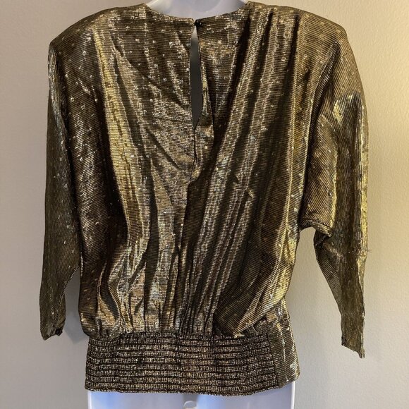 Vintage 1970s Disco Top Blouse Metallic Gold Medium Polka Dot NOS Deadstock - Picture 4 of 11